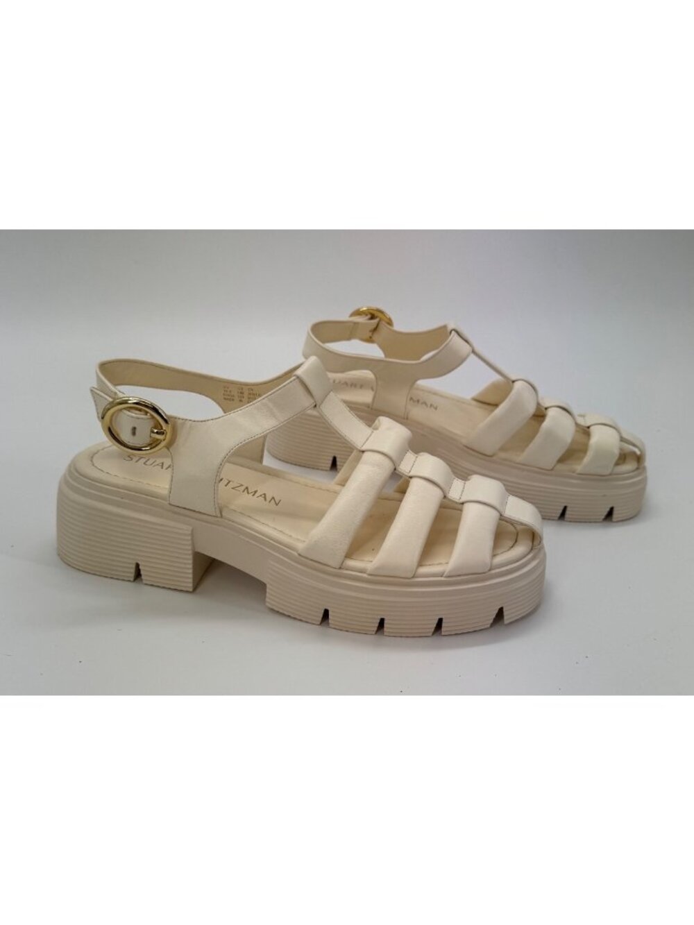 Stuart Weitzman Nolita White Leather Gladiator Sandals 10 Lug Sole & Gold Buckle